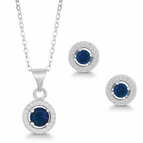 Sterling Silver Round Navy Blue CZ Pendant and Earrings Set suit-set  