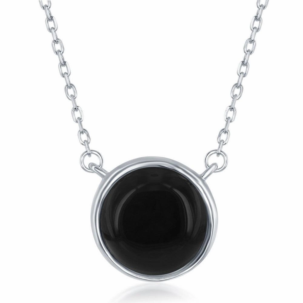 Sterling Silver Round Onyx Bezel Set Necklace suit-set  