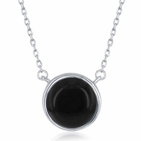 Sterling Silver Round Onyx Bezel Set Necklace suit-set  