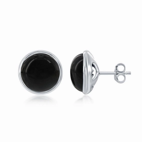 Sterling Silver Round Onyx Bezel Set Stud Earrings suit-set  