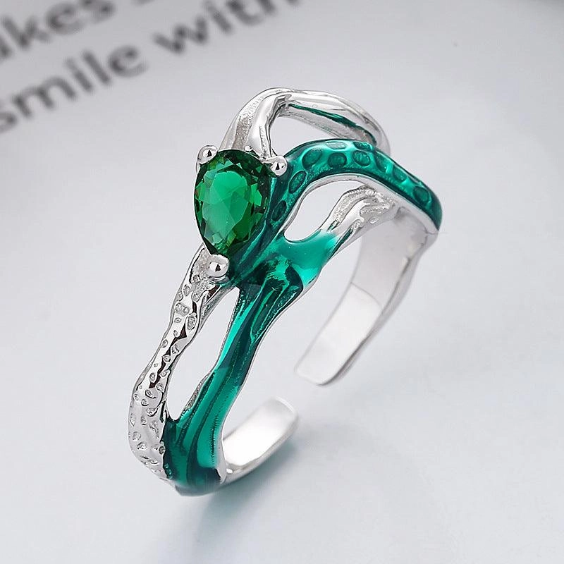 Sterling Silver Serpentine Staggered Green Line Zirconium Ring