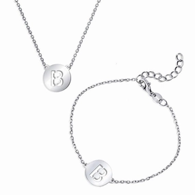 Sterling Silver Shiny 'B' Disc Initial Bracelet and Necklace Set suit-set  