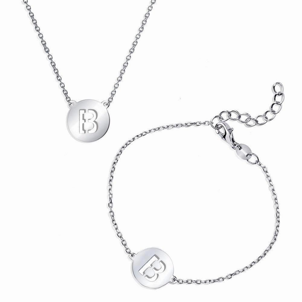Sterling Silver Shiny 'B' Disc Initial Bracelet and Necklace Set suit-set  