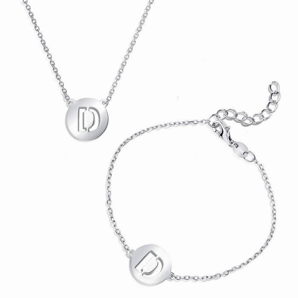 Sterling Silver Shiny 'D' Disc Initial Bracelet and Necklace Set suit-set  
