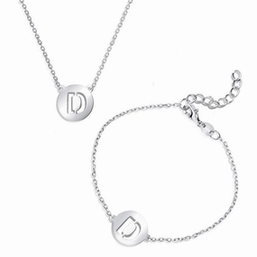 Sterling Silver Shiny 'D' Disc Initial Bracelet and Necklace Set suit-set  