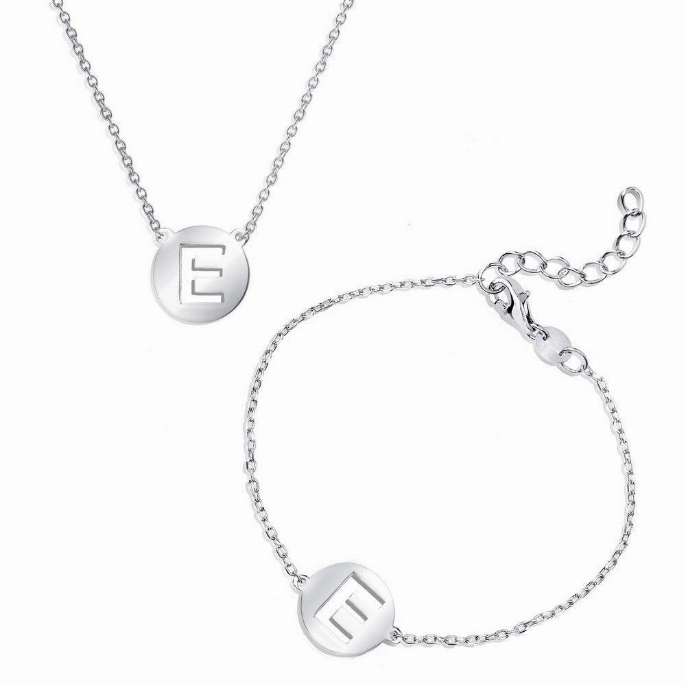 Sterling Silver Shiny 'E' Disc Initial Bracelet and Necklace Set suit-set  