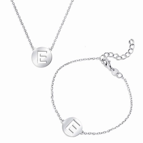 Sterling Silver Shiny 'E' Disc Initial Bracelet and Necklace Set suit-set  