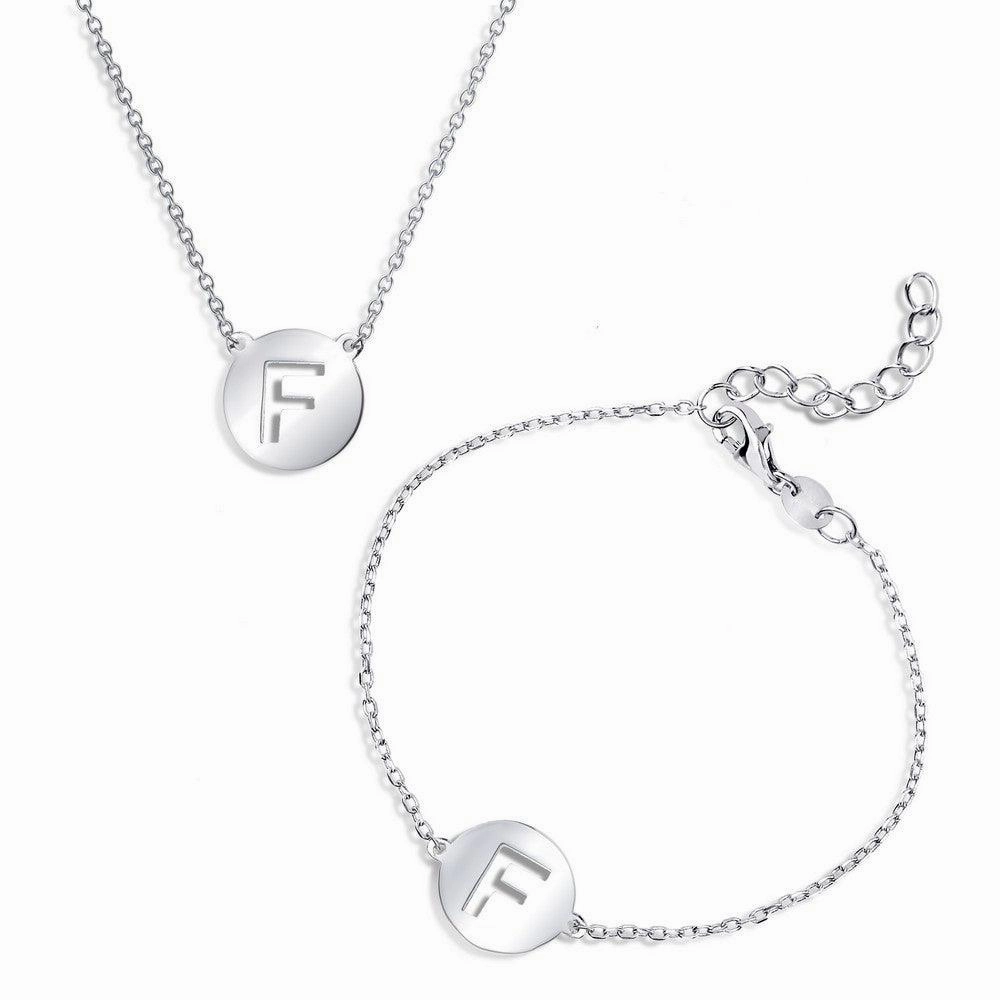 Sterling Silver Shiny 'F' Disc Initial Bracelet and Necklace Set suit-set  