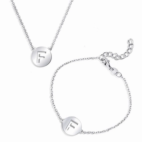 Sterling Silver Shiny 'F' Disc Initial Bracelet and Necklace Set suit-set  