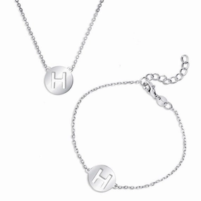 Sterling Silver Shiny 'H' Disc Initial Bracelet and Necklace Set suit-set  