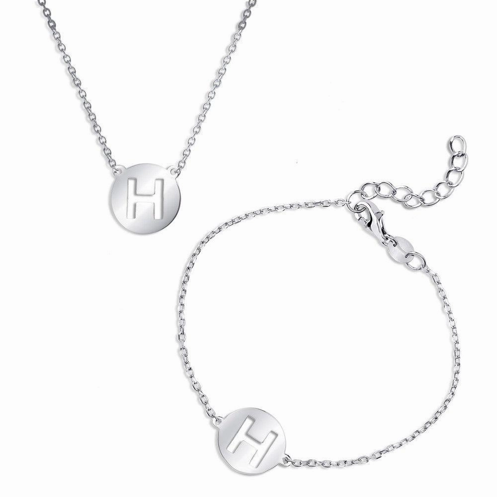 Sterling Silver Shiny 'H' Disc Initial Bracelet and Necklace Set suit-set  