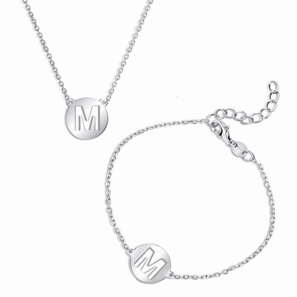 Sterling Silver Shiny 'M' Disc Initial Bracelet and Necklace Set suit-set  