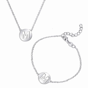Sterling Silver Shiny 'M' Disc Initial Bracelet and Necklace Set suit-set  
