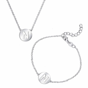 Sterling Silver Shiny 'N' Disc Initial Bracelet and Necklace Set suit-set  