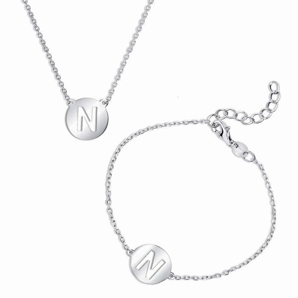 Sterling Silver Shiny 'N' Disc Initial Bracelet and Necklace Set suit-set  