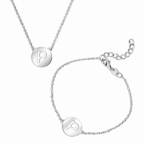 Sterling Silver Shiny 'P' Disc Initial Bracelet and Necklace Set suit-set  