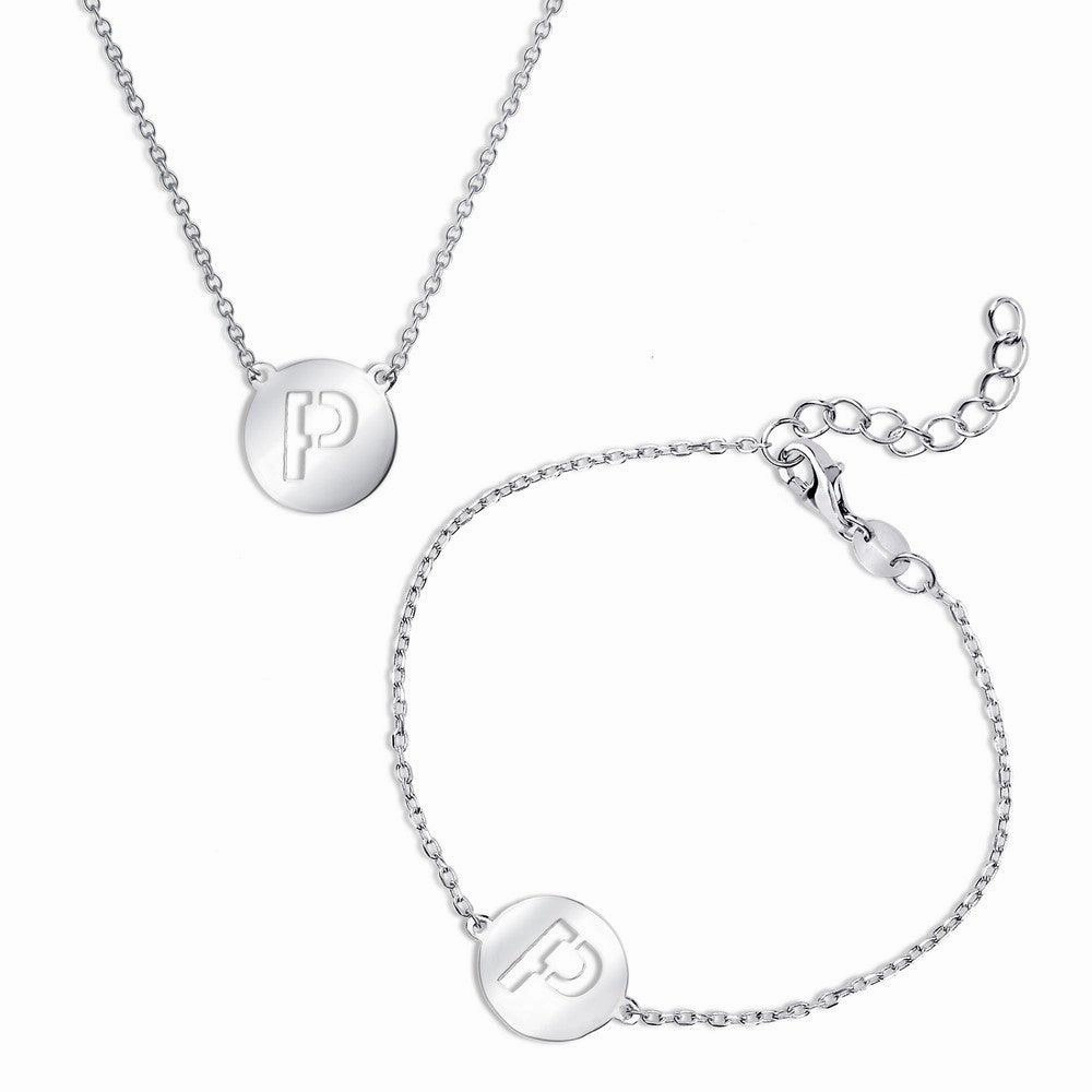 Sterling Silver Shiny 'P' Disc Initial Bracelet and Necklace Set suit-set  