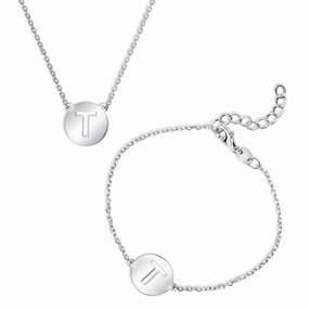Sterling Silver Shiny 'T' Disc Initial Bracelet and Necklace Set suit-set  