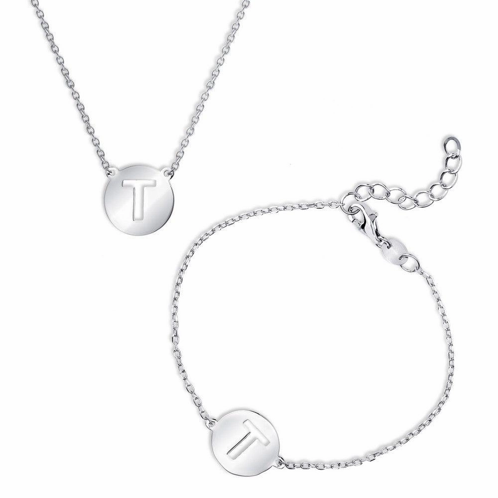 Sterling Silver Shiny 'T' Disc Initial Bracelet and Necklace Set suit-set  