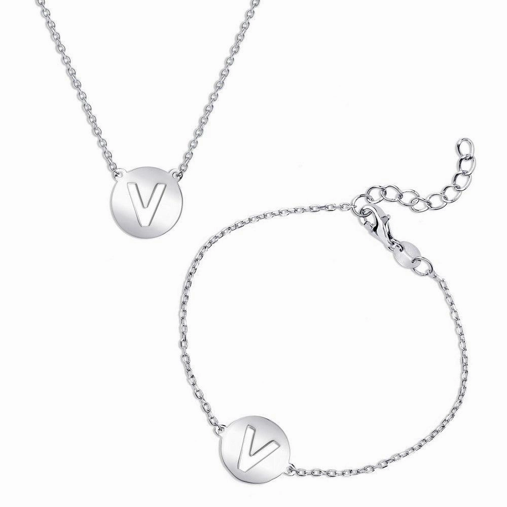 Sterling Silver Shiny 'V' Disc Initial Bracelet and Necklace Set suit-set  