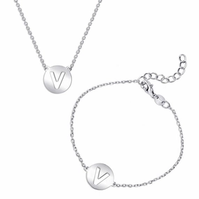 Sterling Silver Shiny 'V' Disc Initial Bracelet and Necklace Set suit-set  