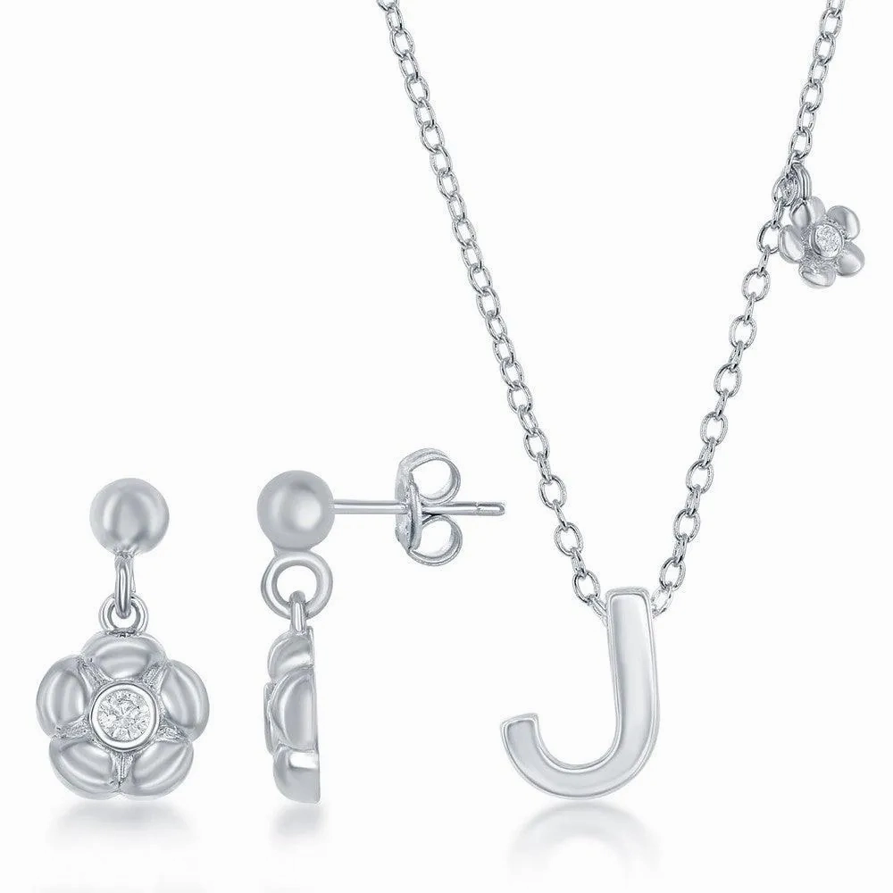 Sterling Silver Shiny &quot;J&quot; Necklace and Earrings Set