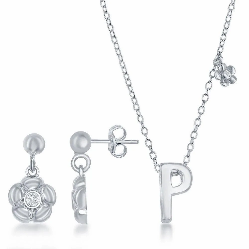 Sterling Silver Shiny &quot;P&quot; Necklace and Earrings Set