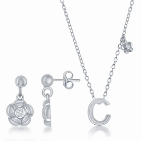 Sterling Silver Shiny "C" Necklace and Earrings Set suit-set  