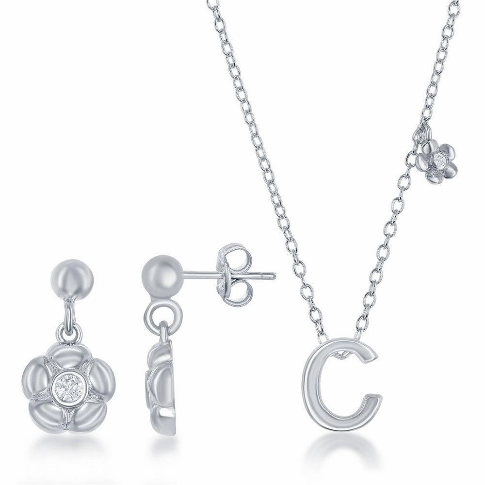 Sterling Silver Shiny "C" Necklace and Earrings Set suit-set  