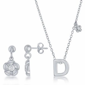 Sterling Silver Shiny "D" Necklace and Earrings Set suit-set  