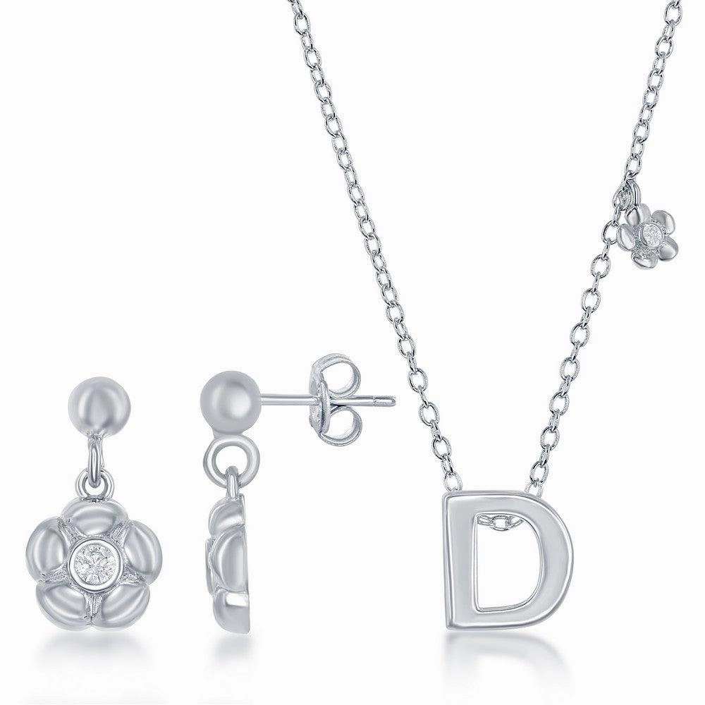 Sterling Silver Shiny "D" Necklace and Earrings Set suit-set  