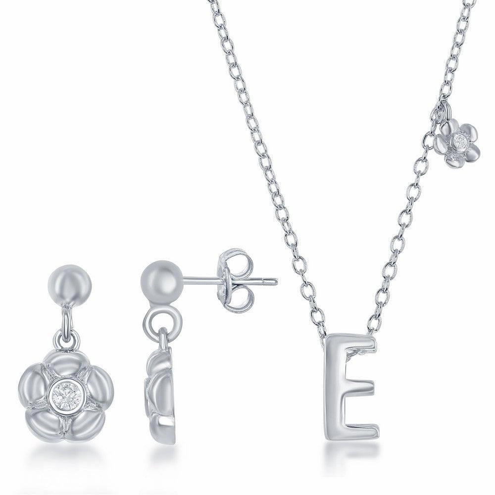Sterling Silver Shiny "E" Necklace and Earrings Set suit-set  