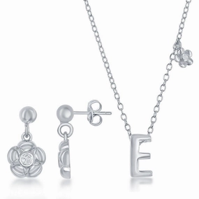 Sterling Silver Shiny "E" Necklace and Earrings Set suit-set  