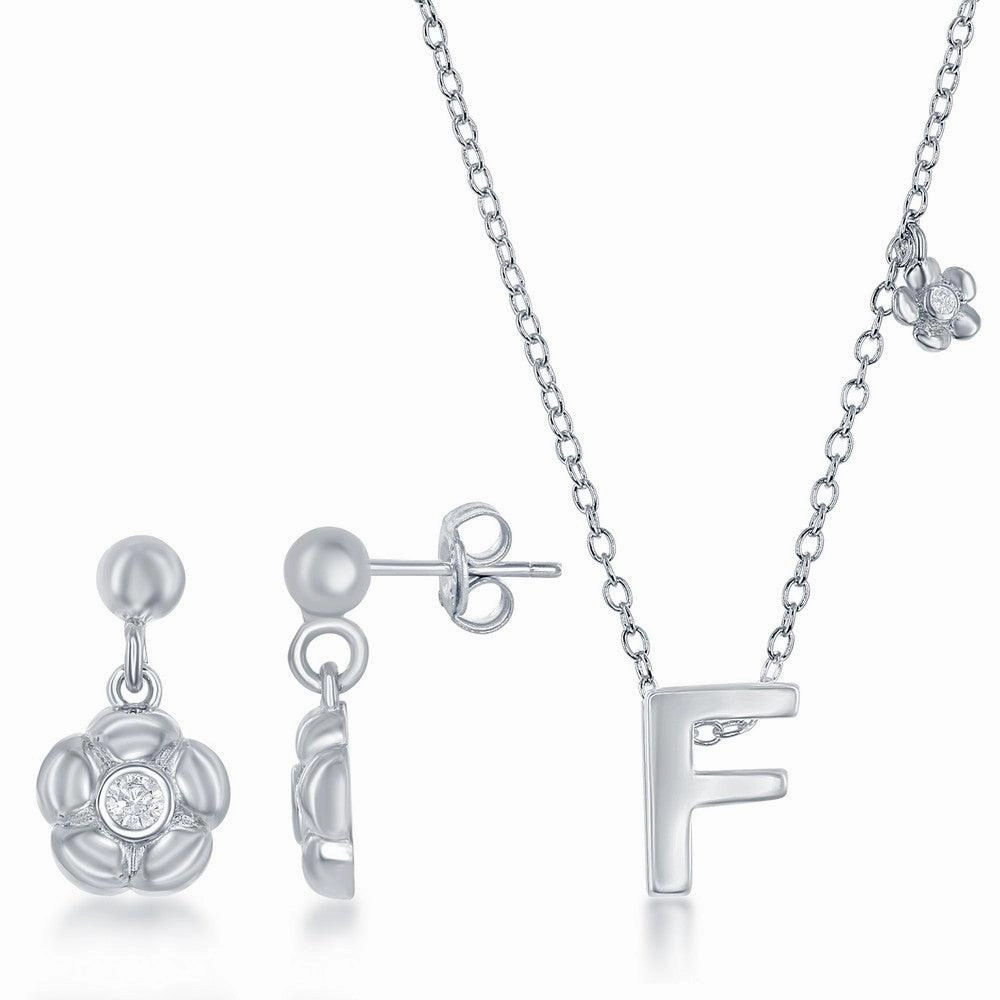 Sterling Silver Shiny "F" Necklace and Earrings Set suit-set  