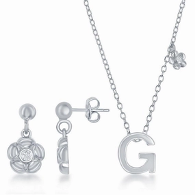 Sterling Silver Shiny "G" Necklace and Earrings Set suit-set  