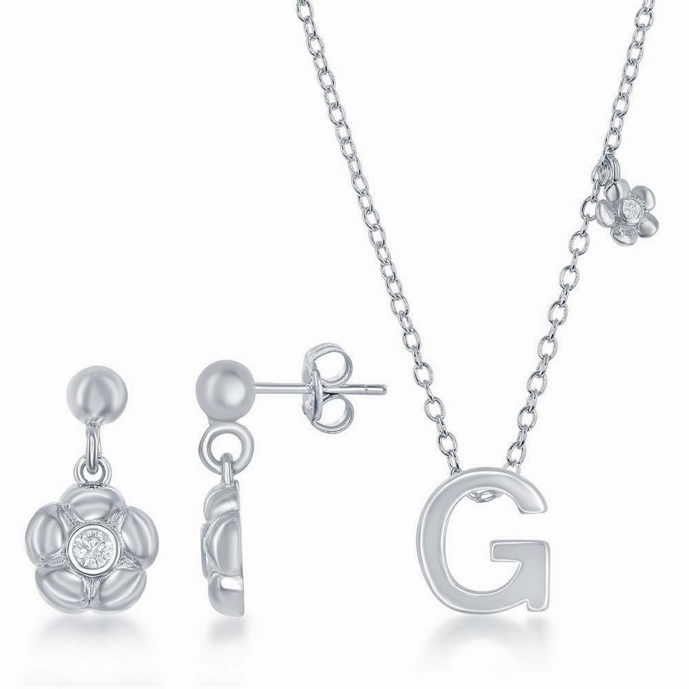 Sterling Silver Shiny "G" Necklace and Earrings Set suit-set  