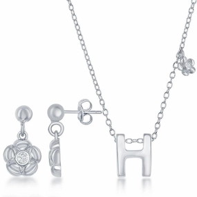 Sterling Silver Shiny "H" Necklace and Earrings Set suit-set  