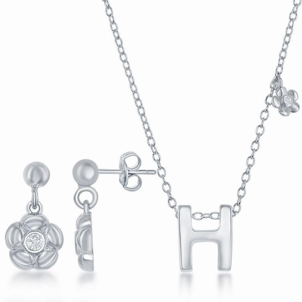 Sterling Silver Shiny "H" Necklace and Earrings Set suit-set  