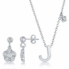 Sterling Silver Shiny "J" Necklace and Earrings Set suit-set  