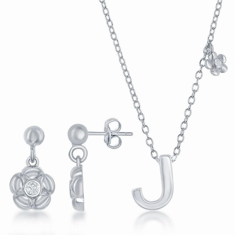 Sterling Silver Shiny "J" Necklace and Earrings Set suit-set  