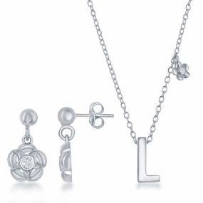Sterling Silver Shiny "L" Necklace and Earrings Set suit-set  
