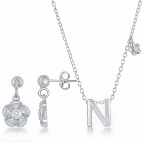 Sterling Silver Shiny "N" Necklace and Earrings Set suit-set  