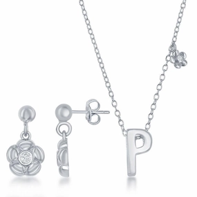 Sterling Silver Shiny "P" Necklace and Earrings Set suit-set  