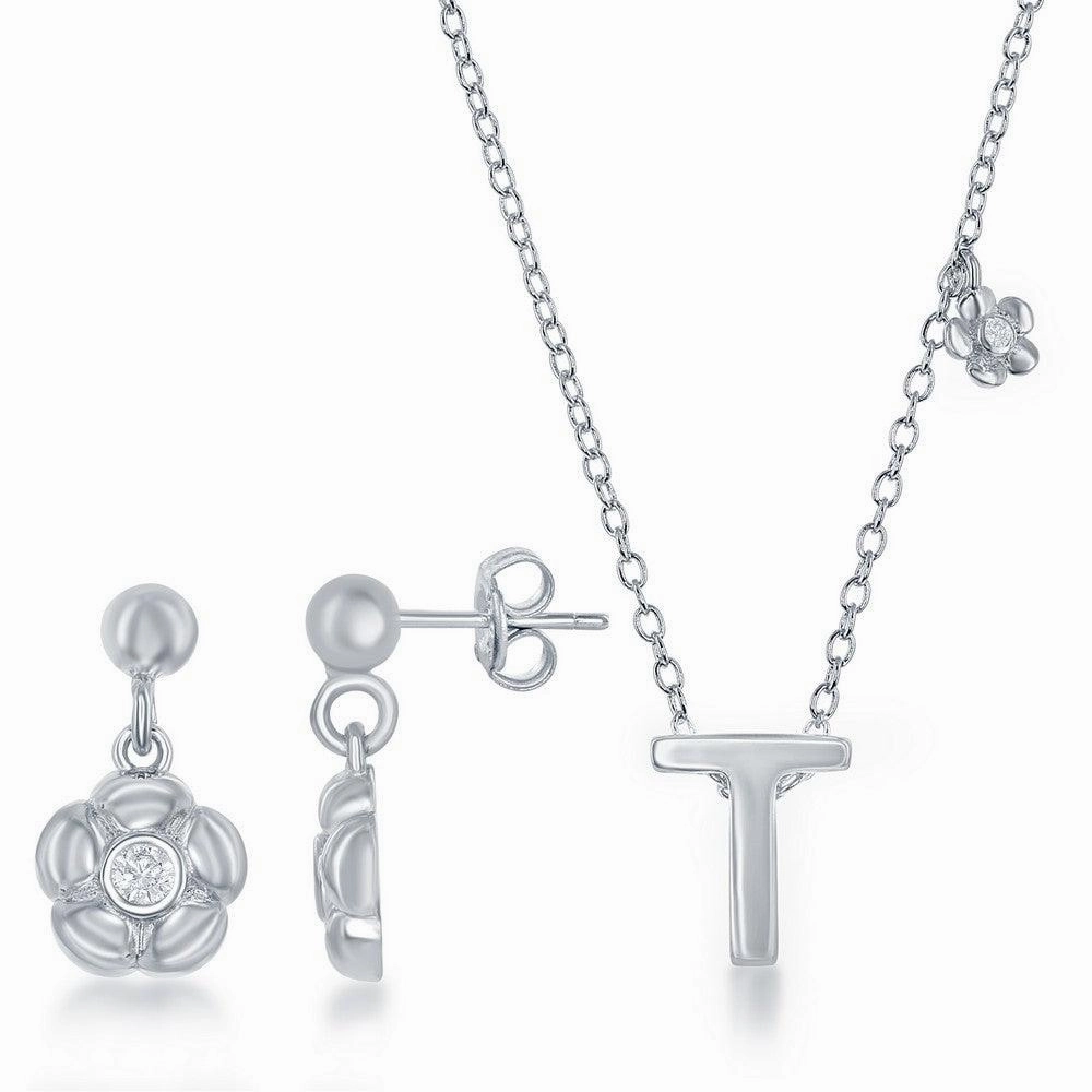 Sterling Silver Shiny "T" Necklace and Earrings Set suit-set  
