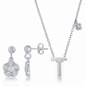 Sterling Silver Shiny "T" Necklace and Earrings Set suit-set  