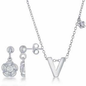 Sterling Silver Shiny "V" Necklace and Earrings Set suit-set  