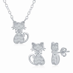Sterling Silver Small CZ Cat Necklace and Earrings Set suit-set  