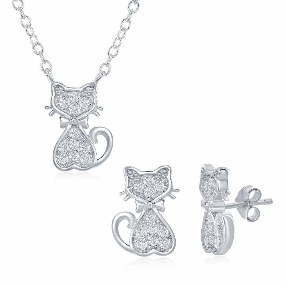 Sterling Silver Small CZ Cat Necklace and Earrings Set suit-set  