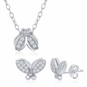 Sterling Silver Small CZ Moth Necklace and Earrings Set suit-set  