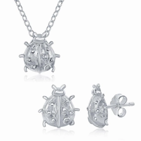 Sterling Silver Small Lady Bug Necklace and Earrings Set suit-set  